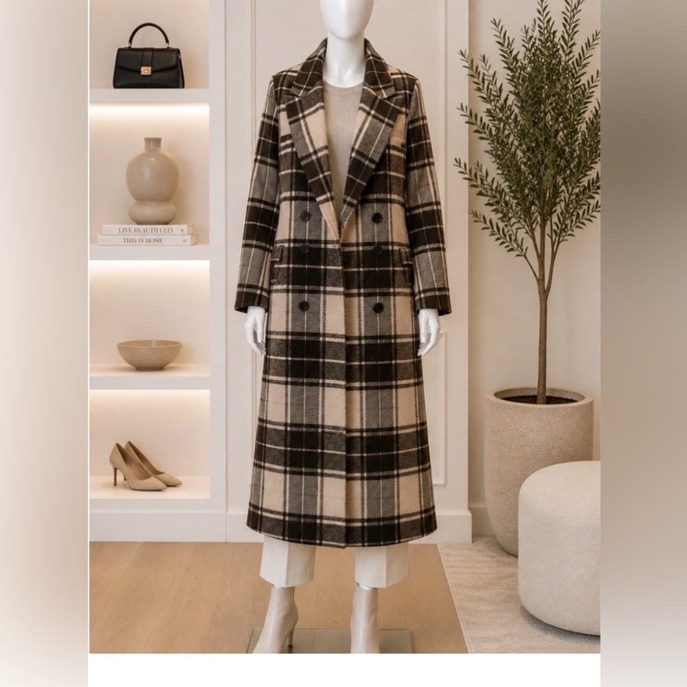 Zara Womens Overcoat Plaid Wool Blend Double Breasted Longline Brown XS